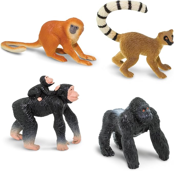 Safari Ltd. Apes & Monkeys TOOB - 12 Figurines: Baboon, Orangutan, Tamarin, Lemur, Gorilla, Mandrill, Chimp, Squirrel, Spider, & Woolly Monkeys - Educational Toy Figures For Boys, Girls & Kids Ages 3+