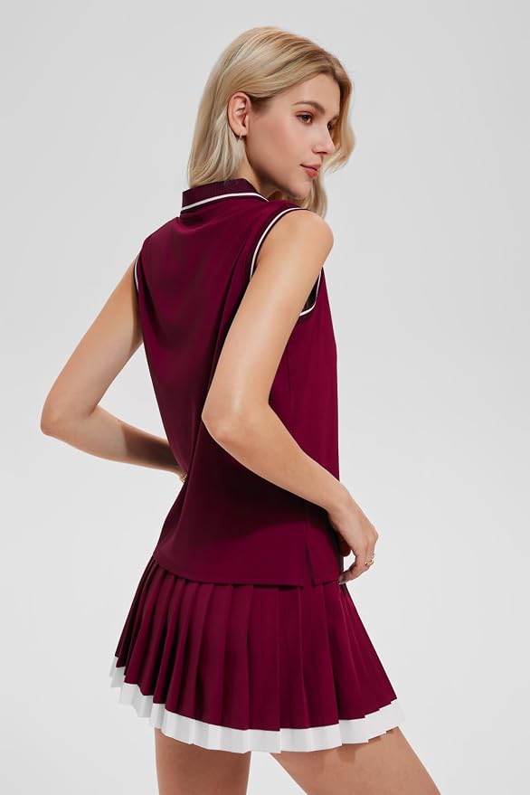 AFZ Tennis Outfits Polo Top and Color Blocked Pleated Tennis Dress Golf Outfits for Women Athletic Dress with Shorts