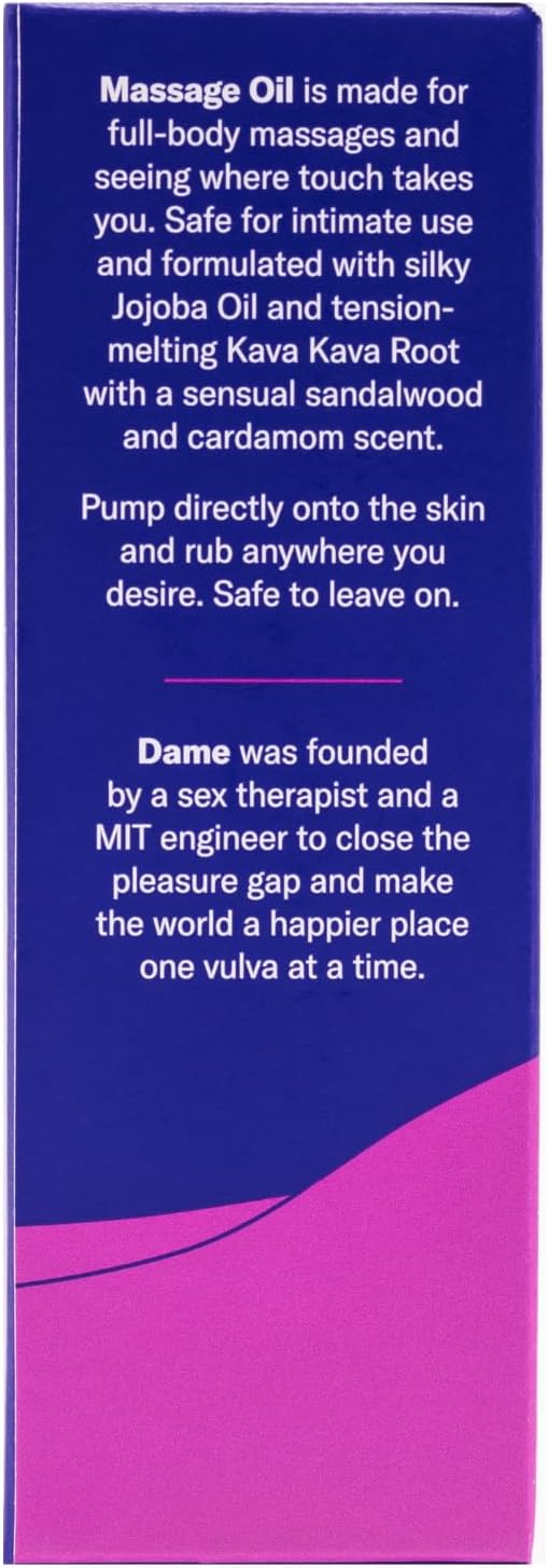 Dame Products Muscle-Relaxing Massage Oil for Women & Men, Sandalwood & Cardamom Aromatherapy Body Oil with Jojoba for Massage Therapy, Plant-Based, Non-Greasy, Relaxing Full-Body Massage Oil, 2 fl oz