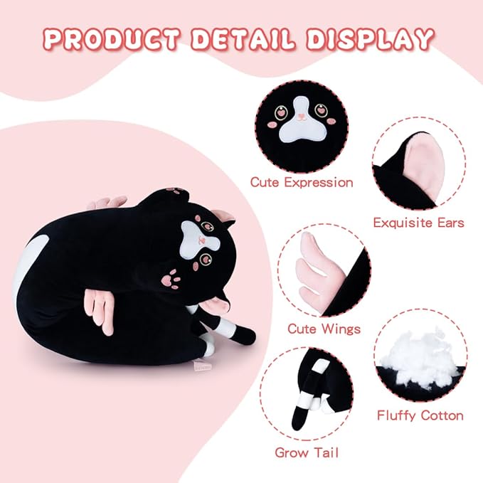 Long Plush Toy Cat Pillow Cute Plush Cat Toy Doll Stuffed Animal Cat Hugging Pillow for Sleeping Gift for Kids and Girls(Black&Pink,90cm/35.4in)