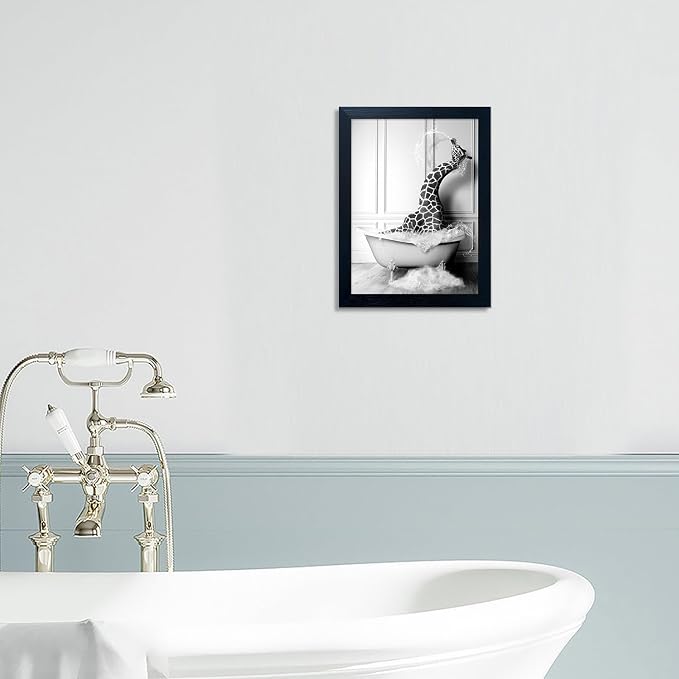 Bathroom Pictures Wall Decor Black and White Wall Art Funny Animal Canvas Print Giraffe in Bathtub Framed Farmhouse Painting Kids Bathroom Signs Decor