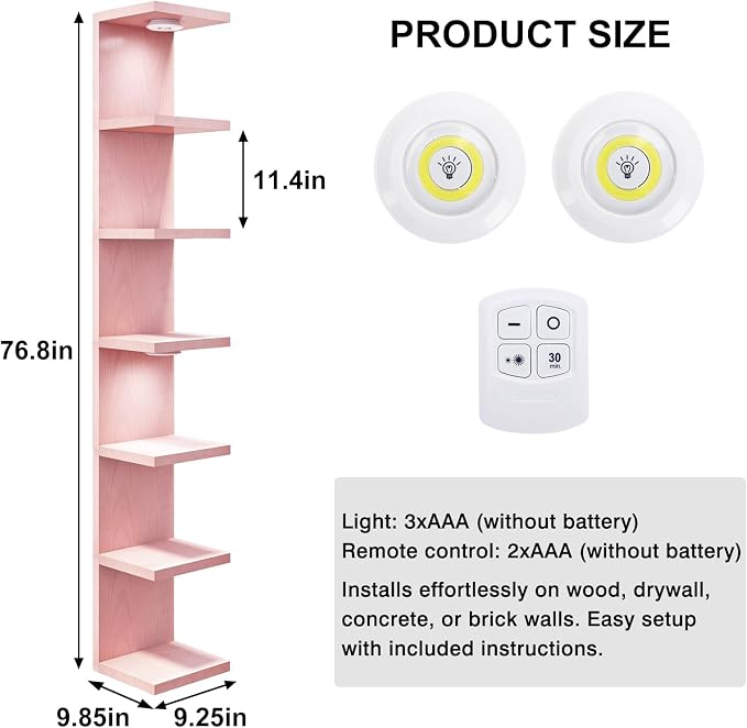 Fixwal 7 Tier Wall Shelf Unit Floating Shelves with LED Lights Lack Wall Shelf for Home Decor Organizer Display Pink