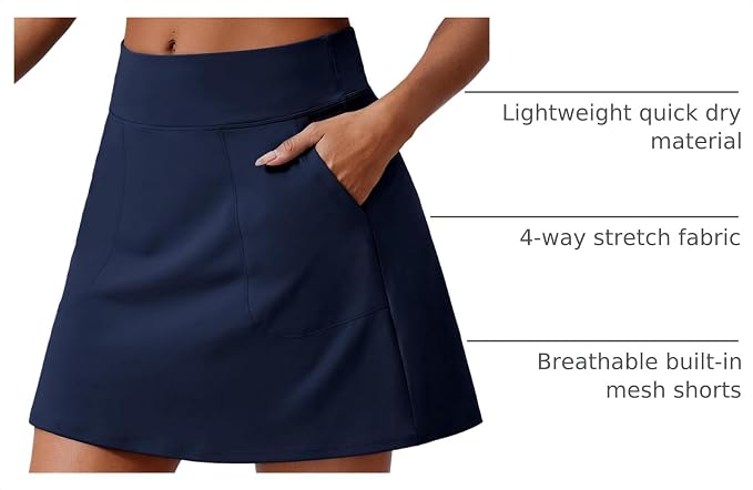 PINSPARK 17" Golf Skorts for Woman High Waisted Tennis Skirt with 4 Pockets | Lightweight, Quick Dry, 4-Way Strecth, Breathable, Tummy Control, UPF 50+ Athletic Skort for Workout, Pickleball, Gym, Casual