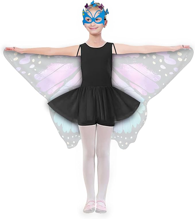 Kids Butterfly Wings Costume Girls Fairy-Wings Toddler Dress Up Play Costumes Butterfly Hair Clip Mask Party Favors (Purple Green Sets)