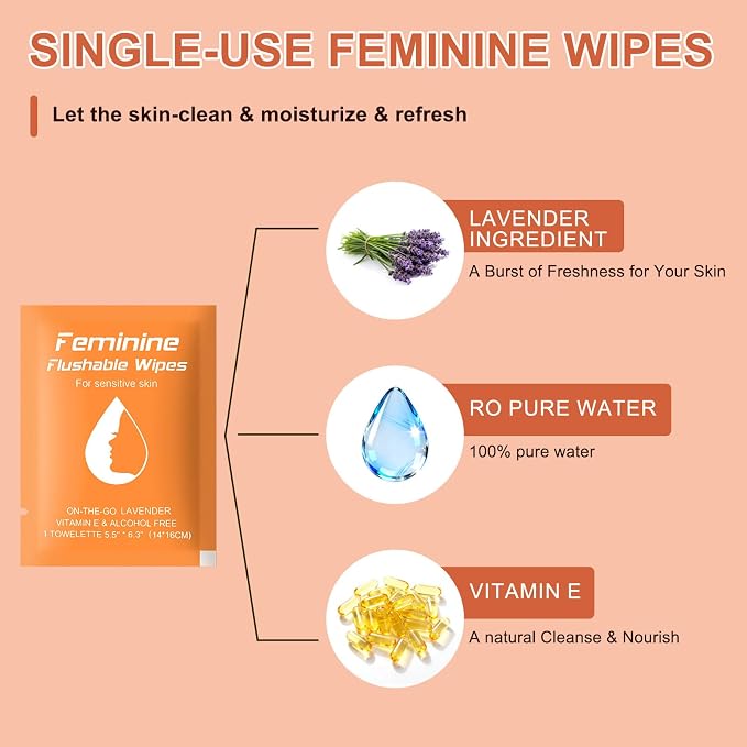 twoworld 50 Feminine Wipes Flushable Travel Individually Wrapped | Travel Wipes for Women,Feminine Care Wet Wipes Travel Size Vaginal Wipes for Adult,Girl and Homeless(Lavender)