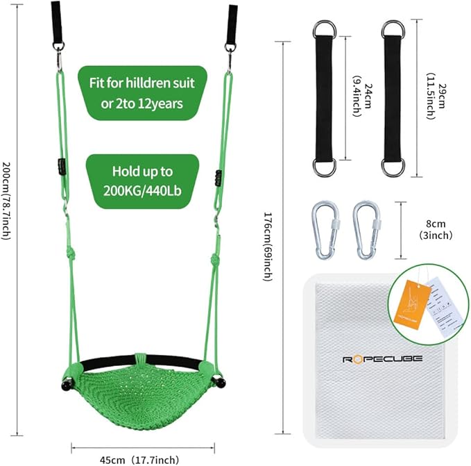 Hand-Knitting Toddler Swing, Swing Seat for Kids with Adjustable Ropes, Little tikes Swings Set, for Outdoor Indoor, Playground, Backyard (Green)