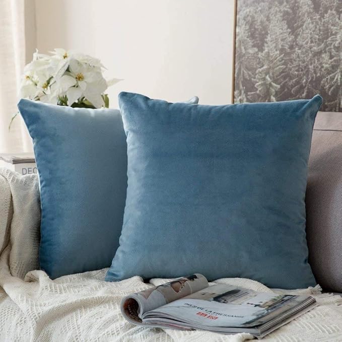 MIULEE Velvet Throw Pillow Covers 16x16 Inch Pack of 2 Blue Gray | Soft Solid Small Decorative Pillow Covers, Modern Luxury Home Decor, for Couch Chair Sofa Bedroom Livingroom Car