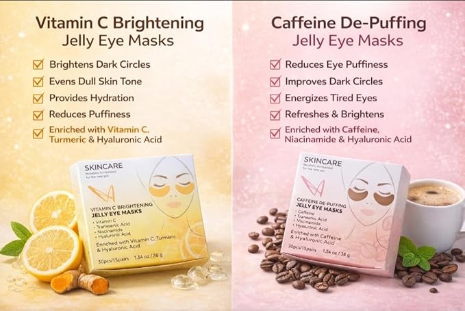 Eye Mask Gel Pads Duo Set (30 Pairs) – Vitamin C Brightening & Caffeine De-Puffing Jelly Patches – Under Eye Treatment for Dark Circles, Bags & Wrinkles with Niacinamida & Hyaluronic Acid