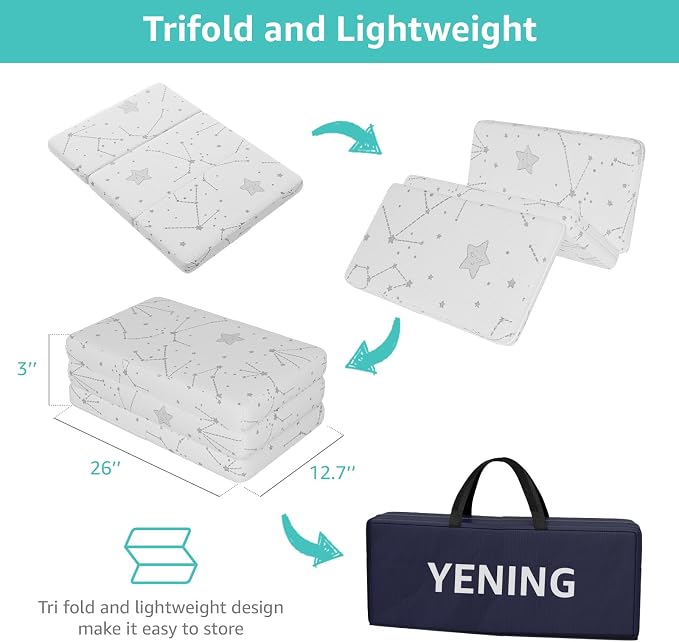 YENING Trifold Pack and Play Mattress Pad Foldable 38x26 Waterproof Baby Mattress for Pack N Play Matress Topper Breathable