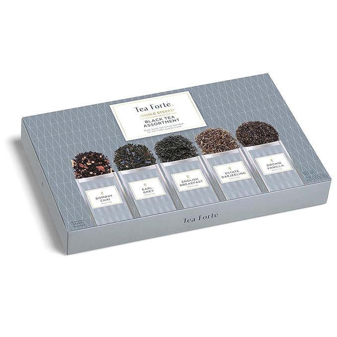 Tea Forte Single Steeps Loose Leaf Tea Sampler, Assorted Variety Tea Box, 15 Single Serve Pouches, Black Tea