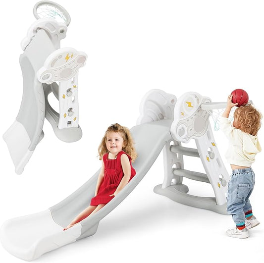 INFANS Toddler Slide, 4 in 1 Indoor Kids Slide Wave Slideway Max Load 330lb for Age 18+ Months with Basketball Hoop Ball, Outdoor Climber Freestanding Playset, Sturdy Plastic Playground Toy