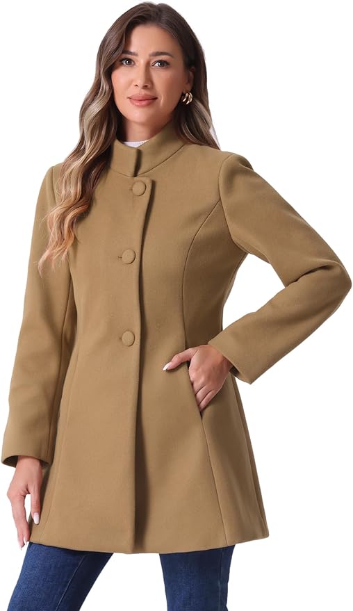 Allegra K Women's Winter Overcoat Mid-Long Stand Collar Single Breasted Coat Outerwear