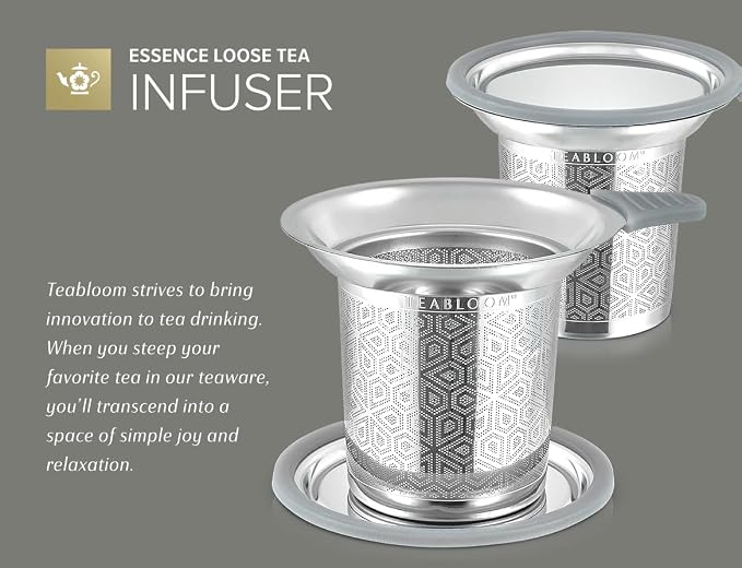 Teabloom Elegant Stainless Steel Loose Leaf Tea Infuser with Lid & Drip Tray – Extra Fine Mesh Basket for Mugs, Cups & Small Teapots – Food Grade Materials, Dishwasher Safe