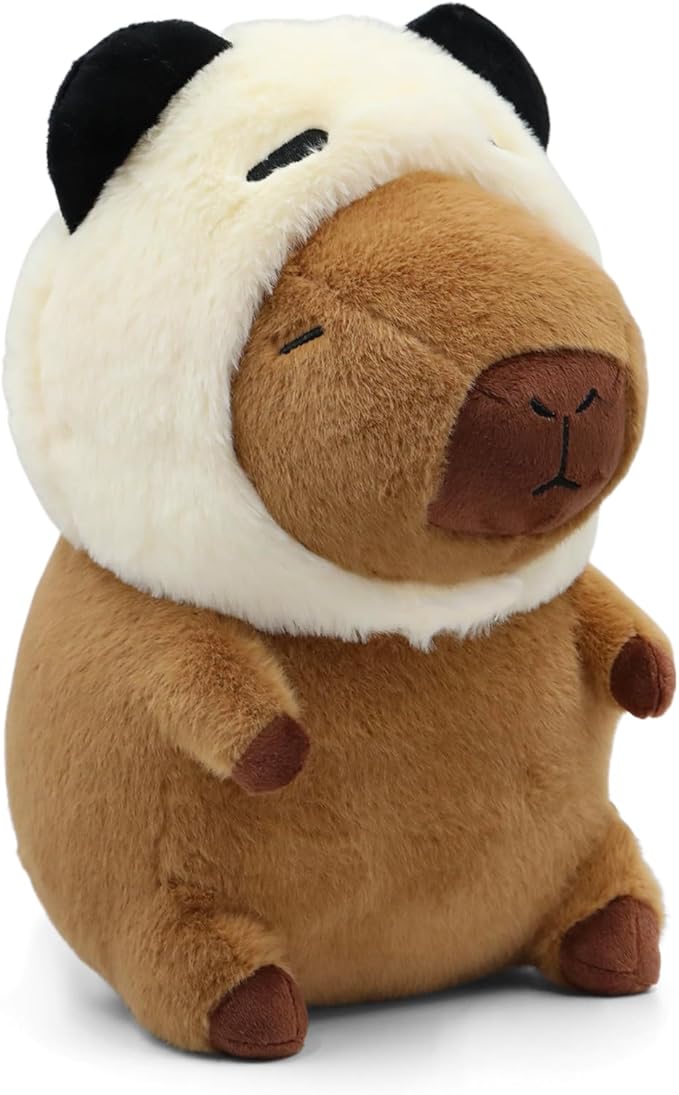 Cute Capybara Plush Wear Panda Hat, Kawaii Soft Capybara Plushie Pillow, 14 inch Capybara Stuffed Animal Hugging Gifts for Kids Adults (Panda Capybara)