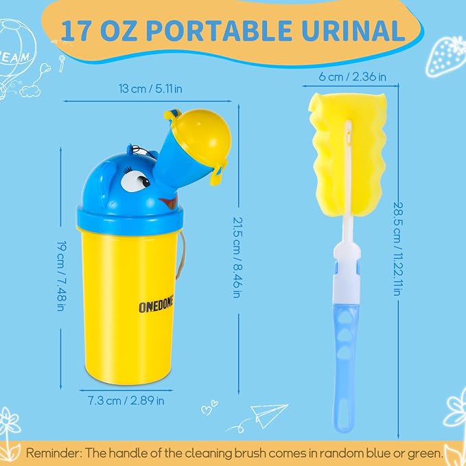 ONEDONE Portable Urinal for Kids 17 OZ Pee Bottle with Clean Brush Travel Urinal for Kids Baby Child Pee Cup for Boys Emergency Toilet for Camping Car Travel and Kid Potty Training(Yellow)