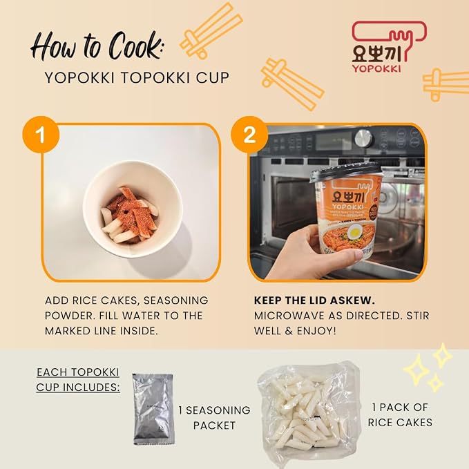 Yopokki Instant Tteokbokki Rice Cakes Korean, Variety Topokki Cup - Great with Cheese and Ramen Toppings, Korean Snacks for College Dorm, Korean Street Food Quick & Easy to Prepare, Pack of 6