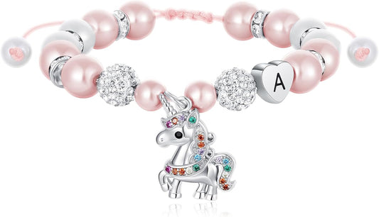 C-leen Unicorn Unicorn Bracelet Gifts for Girls Kids - Pink Pearl and Rhinestone Balls Heart Initial Unicorn Bracelets Adjustable Jewelry CZ Unicorn Bracelet Birthday Gifts for Teens