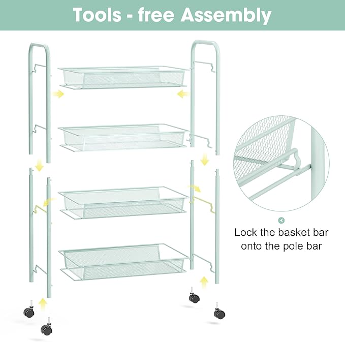 TOOLF 4 Tier Rolling Cart, Metal Utility Storage Cart with Wheels, Green | 3 Hooks, Screwless Assembly, Trolley Organizer for Bathroom, Kitchen, Office, Nursery, Dorm, Laundry Room