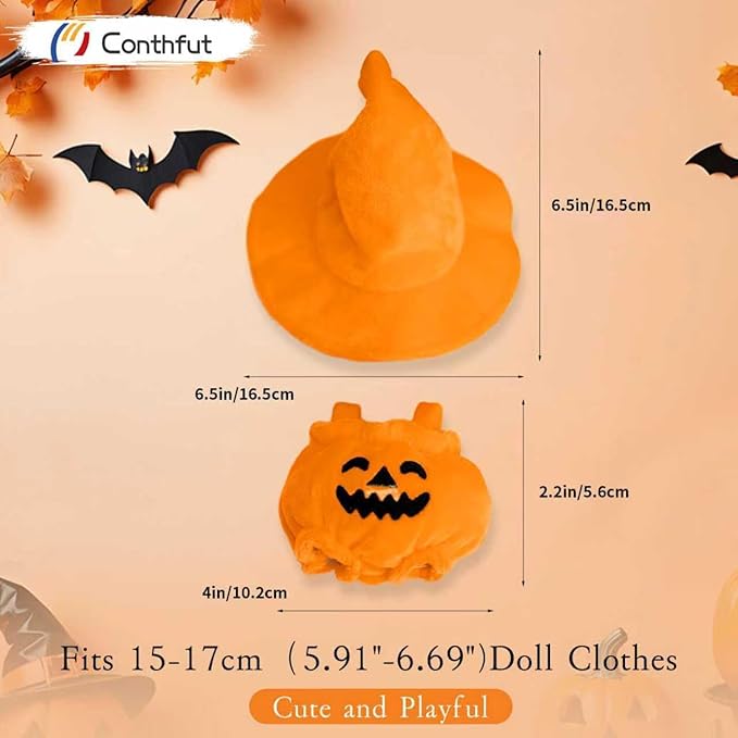 17cm Doll Clothes, Clothes for Dolls Outfit, Halloween Pumpkin Overalls Witch Hat for Dolls Accessories,Halloween Clothes Set for Doll (No Doll)(Orange Hat Pumpkin Clothes)