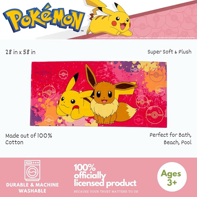 Pokemon Girl Anime Kids Super Soft Cotton Bath/Pool/Beach Towel, 58 in x 28 in, (Officially Licensed Product) By Franco