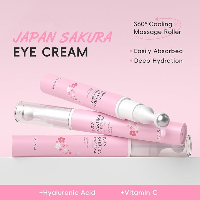 Sakura Eye Cream with 360° Cooling Massage Roller, Deep Hydration Serum with Caffeine+Vitamin C, Under Eye Cream Reduce Wrinkles, Fine Lines, and Bags, Dark Circles Under Eye Treatment, 0.53oz