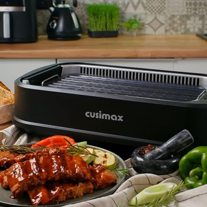 Indoor Grill, CUSIMAX Smokeless Grill Indoor, 1500W Electric Grill Griddle | Korean BBQ with Smart LED Display & Tempered Glass Lid, Non-stick Removable Grill Plate & Griddle Plate, Easy Cleanup, Black
