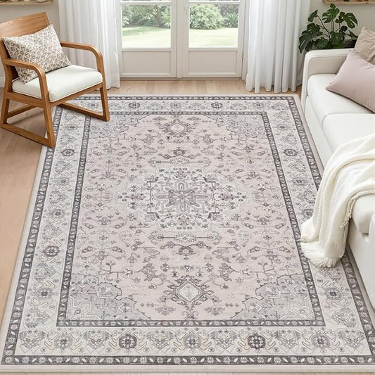 5x7 Area Rugs for Living Room: Vintage Boho Neutral Washable Rug Indoor Soft Large Area Rug Carpet for Bedroom Nursery Farmhouse Dining Room Office Floor Non-Slip Low Pile Under Table Beige & Grey