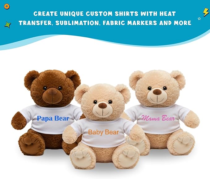 Get Ready Kids Teddy Bear T-Shirts Bulk Pack of 25 White Crew Neck Stuffed Animal Clothes for 12-16 Inch Plush Toys Polyester Blank Tees for DIY Crafts Sublimation and Classroom Projects