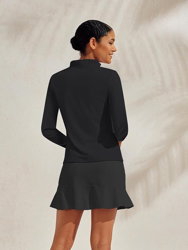 ACEGOLFS Womens Golf Polo Shirts Casual Ruffle V Neck Long Sleeve Tops for Women UPF 50+ Rash Guard Ladies Pullover Shirt
