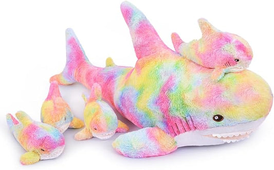Giant Shark Stuffed Animals Plush, Large Shark Plush Pillow with 4 Little Sharks, 100cm/39.4inches Colorful Sharks Plush Toy Gifts for Kids(Pink)