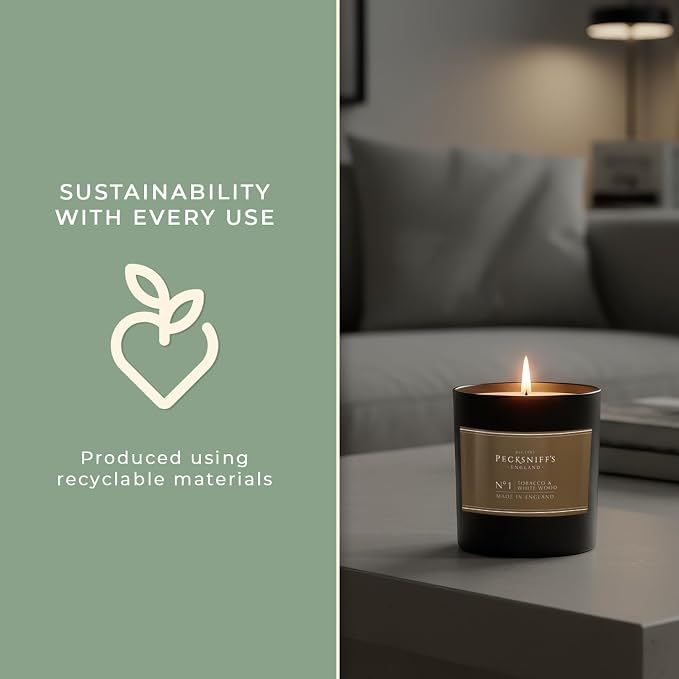 Pecksniff’s Tobacco & White Wood Scented Candle – 1 Wick, 184 g/6.49 oz – Oriental Luxury Fragrance – Black Glass Vessel – Made in England