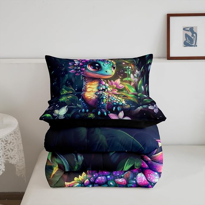 Feelyou Dragon Comforter Set Full Size Dragon Stuff Comforter for Boys Girls Teens Wild Life Bedding Set Flower and Grass Duvet Set Room Decor Balck Green Quilt Set
