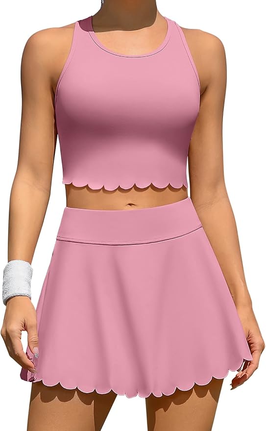 ATTRACO Tennis Outfits for Women Racerback Golf Dress Workout Dress | Athletic Skirt Set, Built-in Shorts, 2 Pockets, Scalloped, Racerback, High Waisted, Pickleball, Workout Set