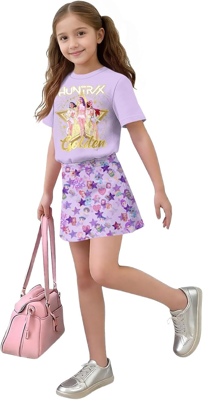 HTHLVMD K Pop Short Sleeve T-Shirt and Skirts Outfits Set for Girls Hunters Rumi Mira Zoey Graphic Tees De-Mon Costume