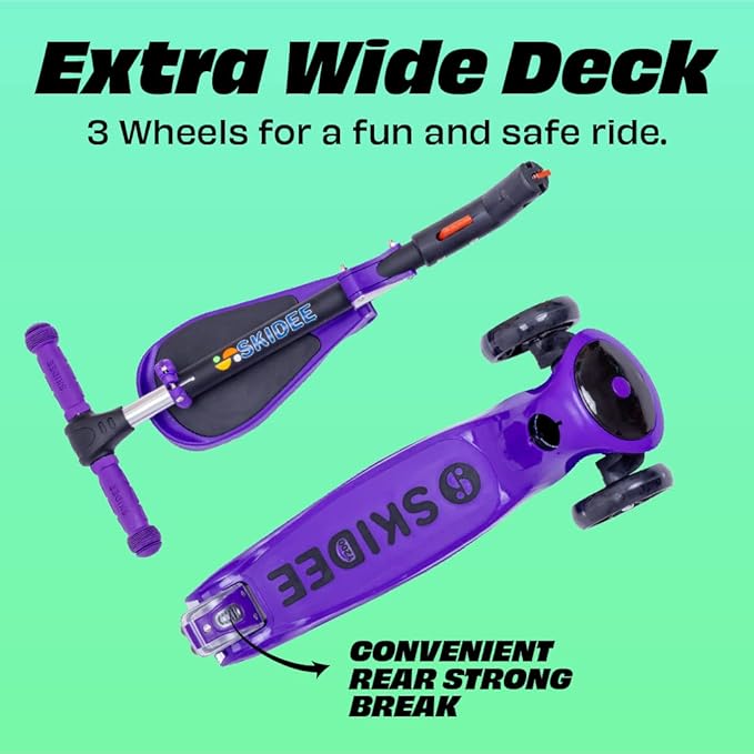 SKIDEE Kick Scooter for Kids Foldable 3 Wheel Scooter with Lean-to-Steer, Adjustable Height, Removable Seat & LED Light Wheels | Toddler Scooter Up to 12 Year Old Boys/Girls