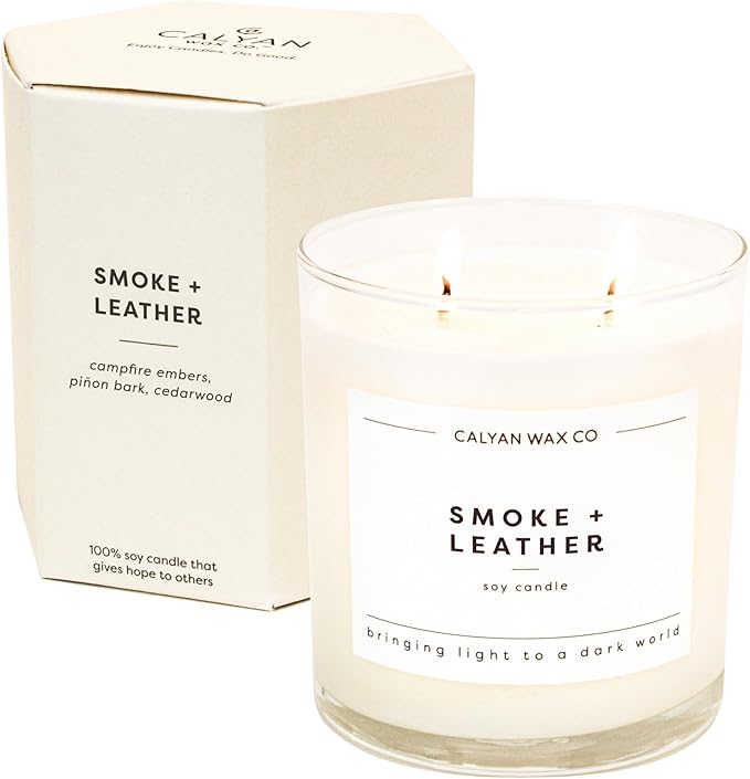 Calyan Wax Co. Smoke & Leather 2 Wick Scented Candle - 37 Hour Burn - Luxury Clean Soy Wax Candles - Long Lasting Large Glass Jar Candle for Home - 8.8oz