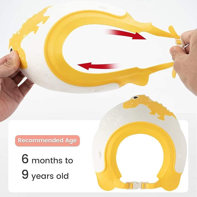 FUNUPUP Baby Shower Cap for Kids, Baby Bath Shampoo Visor Cap Hair Washing Shield Adjustable Silicone Bath Hat for Toddler Girls and Boys (Dinosaur,Yellow)