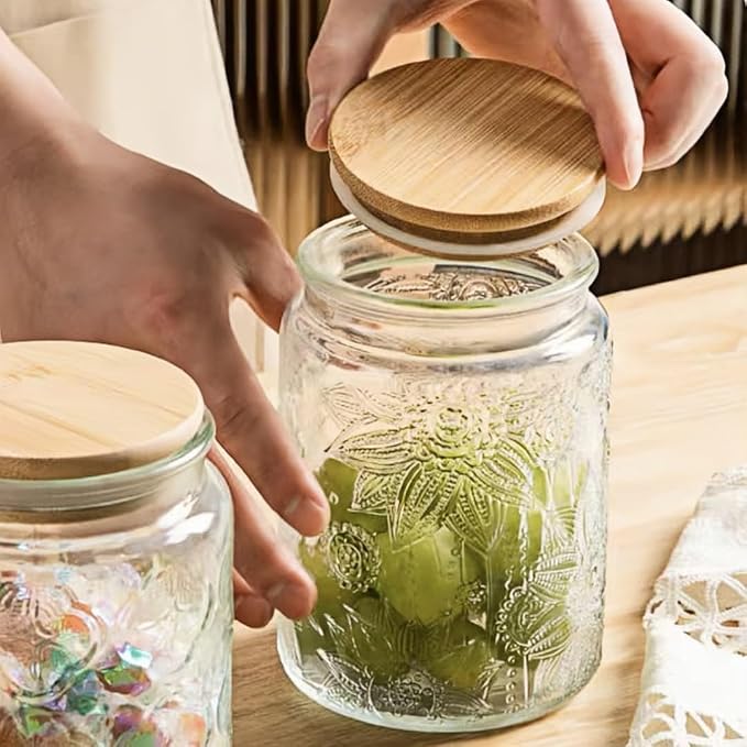 Vintage Glass Jar with Lid, 23.7oz Coffee Canister | Airtight Glass Food Storage Container, Kitchen Canister for Coffee, Tea, Sugar, Candy, Cookie, Decorative Jar, Cute Jar