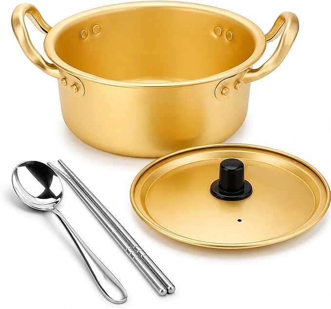 Korean Ramen Pot, Noodle Pot With Lid Spoon And Chopsticks (1pair), Korean Cookware Ramen Pots For Kitchen Cookware, 6.3 Inch (6.3"D x 6.3"W x 3"H)