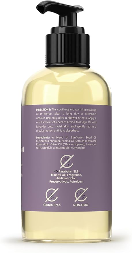 Coera Arnica Massage Oil | 8 fl oz | with Lavender, Sunflower, and Olive Oil | Great for Sore Muscles | Free of Parabens, SLS, & Fragrances