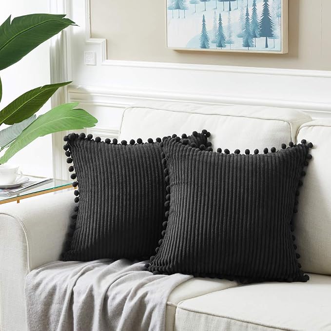 Fancy Homi Set of 2 Black Decorative Throw Pillow Covers 14x14 Inch with Pom-poms for Couch Bed Sofa, Modern Farmhouse Boho Home Decor, Soft Plush Corduroy Cute Cushion Case 35x35 cm
