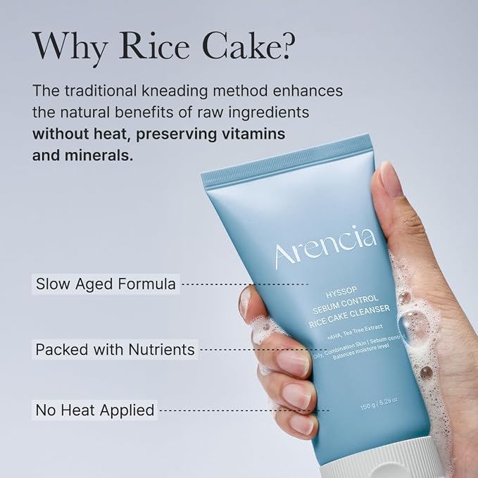 ARENCIA Hyssop Sebum Control Rice Cake Cleanser, AHA Tea Tree Face Wash for Oily Combination Skin 150ml / 5.07 fl oz