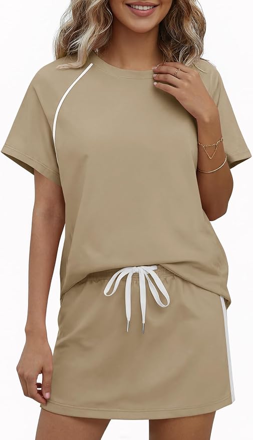 Womens 2 Piece Skirt Sets Summer Tennis Outfits Vacation Skort Set | Two Piece Sets, Short Set, Athletic Workout Golf Outfits, Crew Neck, Color Block, Drawstring, Workout Mathcing Lounge Sets
