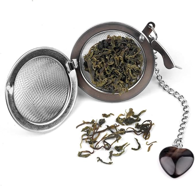 5 Pcs Stainless Steel Tea Ball Infusers with Heart Natural Crystal Charms, Fine Mesh Tea Strainers with Extension Chain & Hook for Loose Leaf Tea, Spices, Seasonings