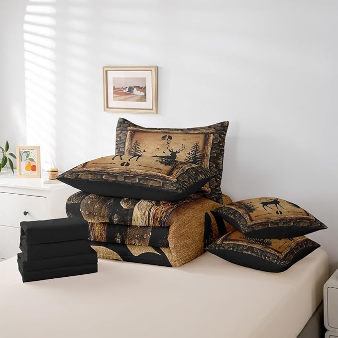 Feelyou Rustic Cabin Deer 7 Piece Bedding Set Full Size Kids Camo Hunting Deer Comforter Set with Sheets for Boys Girls Farmhouse Forest Animal Bed in a Bag Wildlife Room Decor