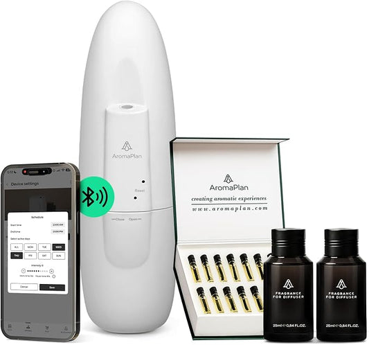 AromaPlan 2026 Plug in Diffuser, Fragrance Included | 2 Scents + Sample kit Included, Bluetooth App,Waterless, Cold air techonology, 500sq ft quiet and no mess