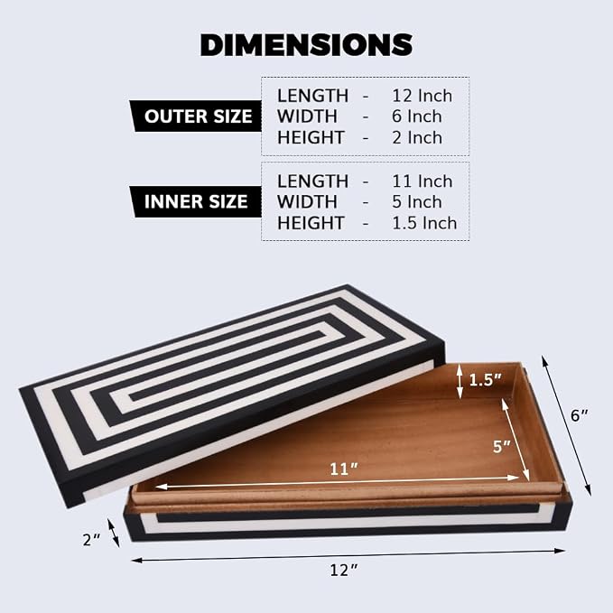 Handicrafts Home Large Decorative Storage Box 12x6– Coffee Table Organizer Box, Modern Home Décor Accent, Keepsake Memory Box, Jewelry Storage Box, Boho Decorative Box with Lid for Shelf, Mantle Decor