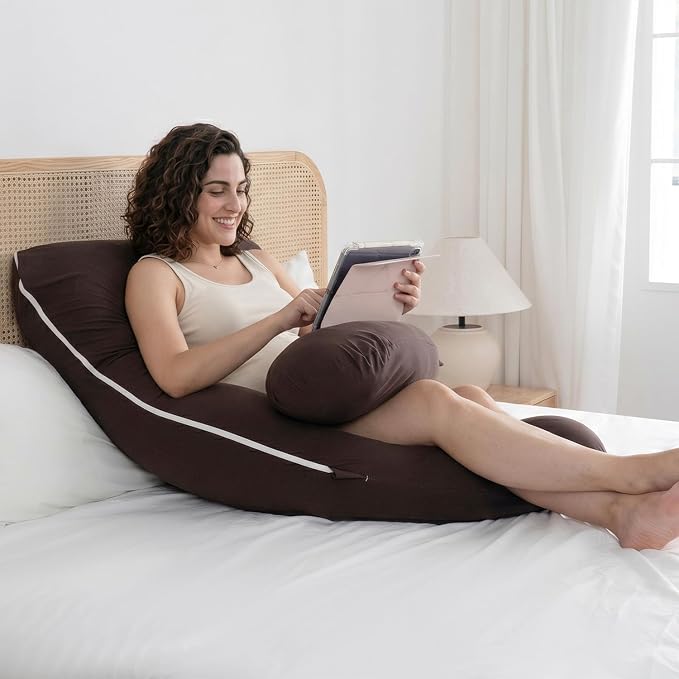 QUEEN ROSE U Shaped Pregnancy Pillow, Breathable Cotton Full Body Support for Maternity, Coffee