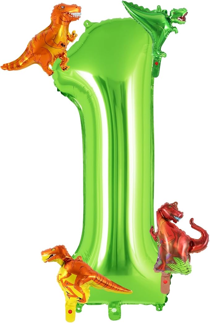 Dinosaur Green Number 1 Balloon, 40 Inch Big Large Foil Helium Green Number Balloon with 4 Pcs Mini Dinosuar, Dinosuar Mylar Balloons Set for 1st First Birthday Party Decorations Supplies