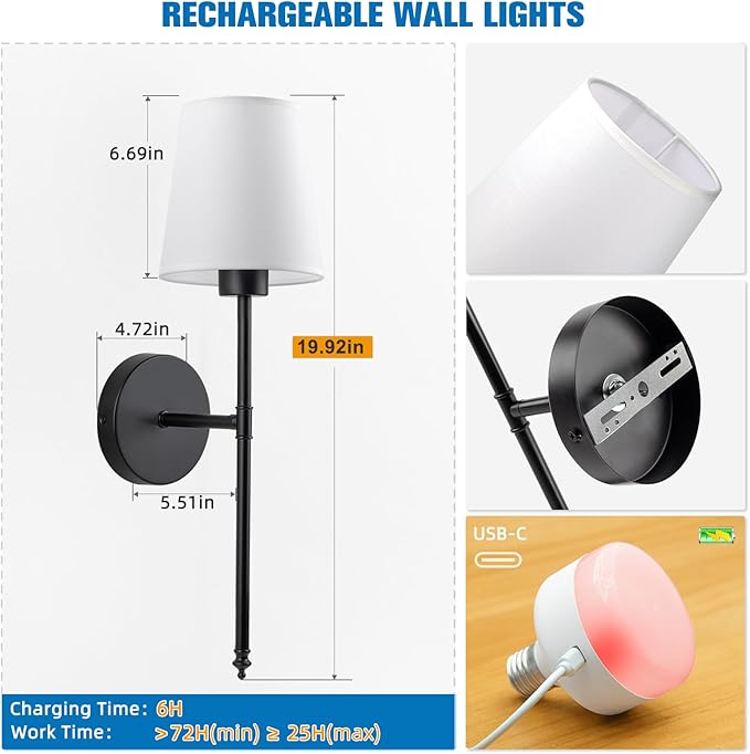 19.9 inch Battery Operated Wall Sconce Set of 2,Black Rechargeable Wall Lights with 10400mAh Dimmable Detachable Bulbs and Remote,10 Colors Wireless Sconces for Bedroom Living Room Hallway